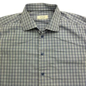 ETON Dress Shirt Mens 17.5 34/35 Blue Check Long Sleeve Button Up Cotton Romania